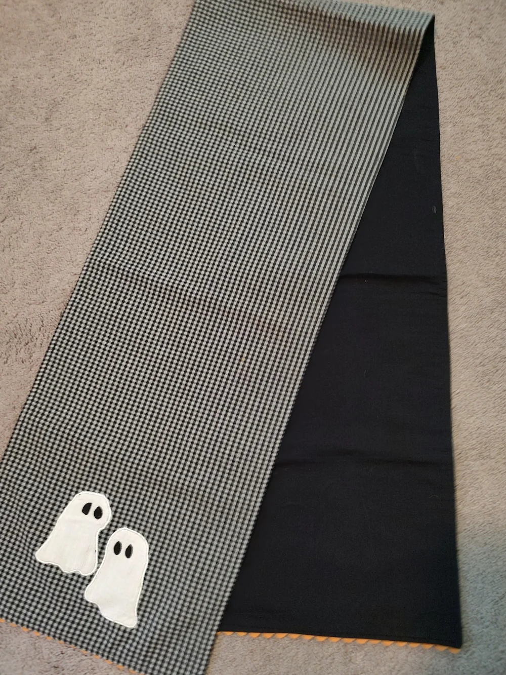 Halloween Table Runner Black & White Gingham w/ Ghost Appliqué